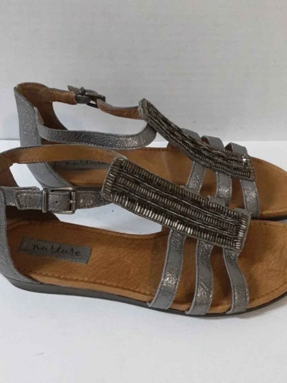 Nurture leather sandals  gladiator women 8 embellishments ankle gray boho casual